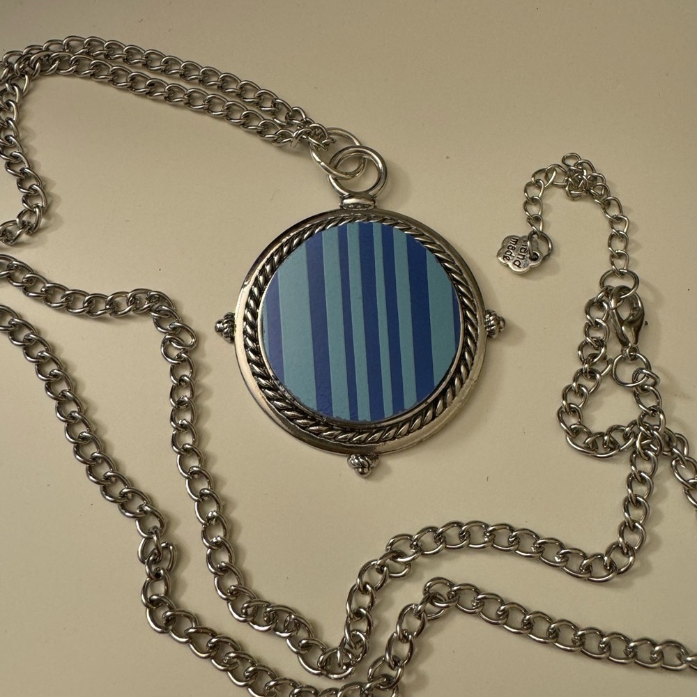 Upcycled broken PYREX Blue Stripe Barcode silver 32 inch chain necklace